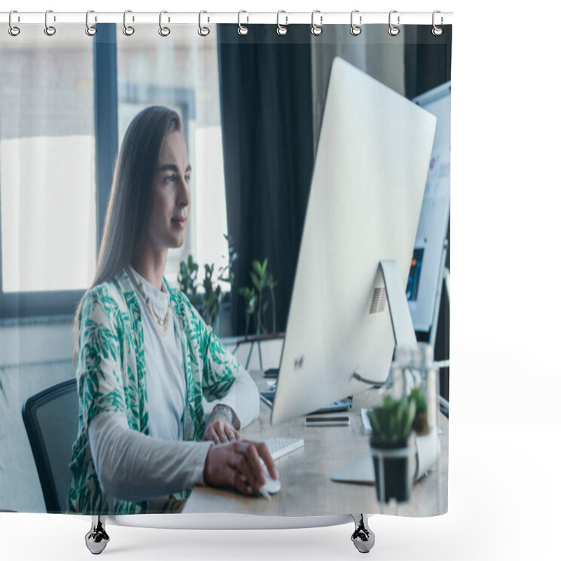 Personality  Nonbinary Designer Using Computer In Creative Agency  Shower Curtains