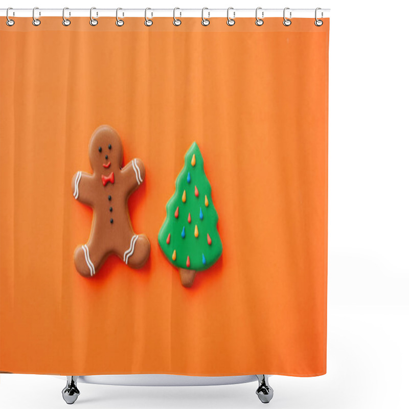 Personality  Festive Christmas Concept Background. Gingerbread Man, Fir Tree  Shower Curtains