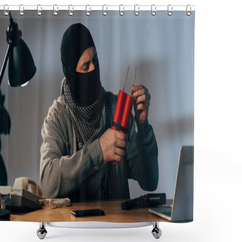 Personality  Terrorist In Mask Holding Dynamite While Sitting At Table In Dark Room Shower Curtains