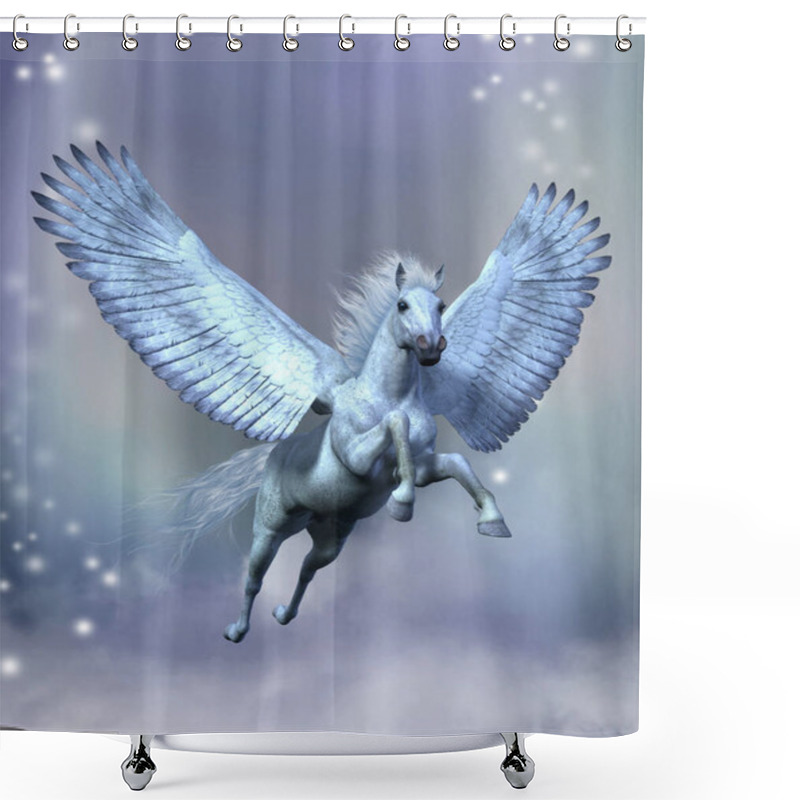 Personality  Legendary White Pegasus Flies Among Stars And Fluffy Clouds On Sturdy Wings. Shower Curtains