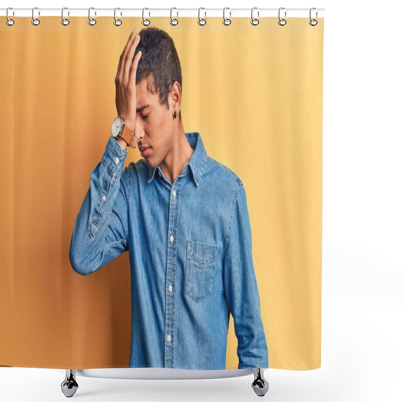 Personality  Young African Amercian Man Wearing Casual Clothes Surprised With Hand On Head For Mistake, Remember Error. Forgot, Bad Memory Concept.  Shower Curtains