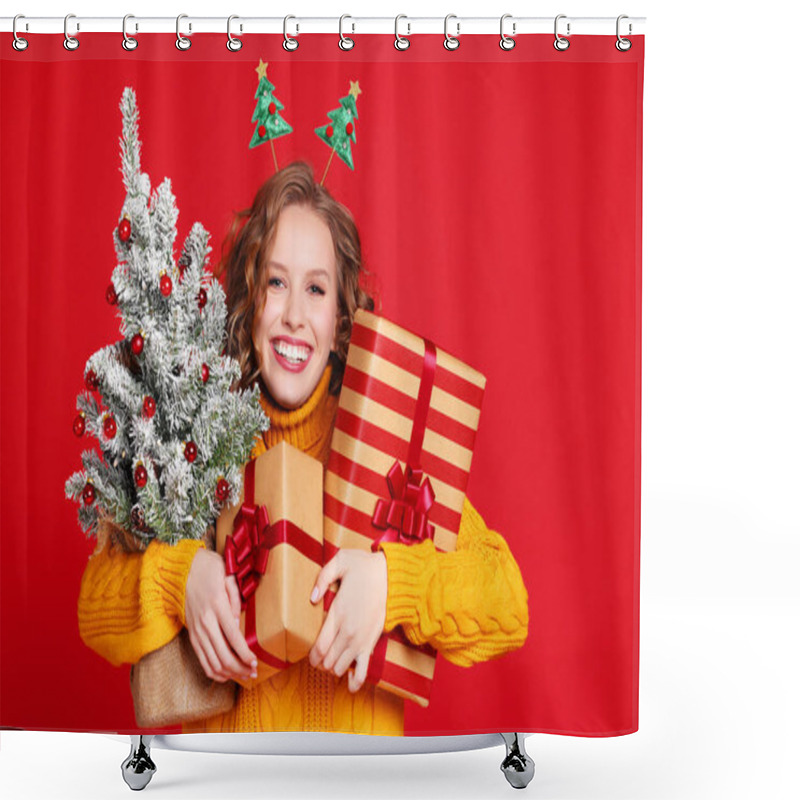 Personality  Positive Young Woman With Many Wrapped Presents And Decorated Coniferous Tree Smiling And Looking At Camera On Christmas Day Against Red Backgroun Shower Curtains