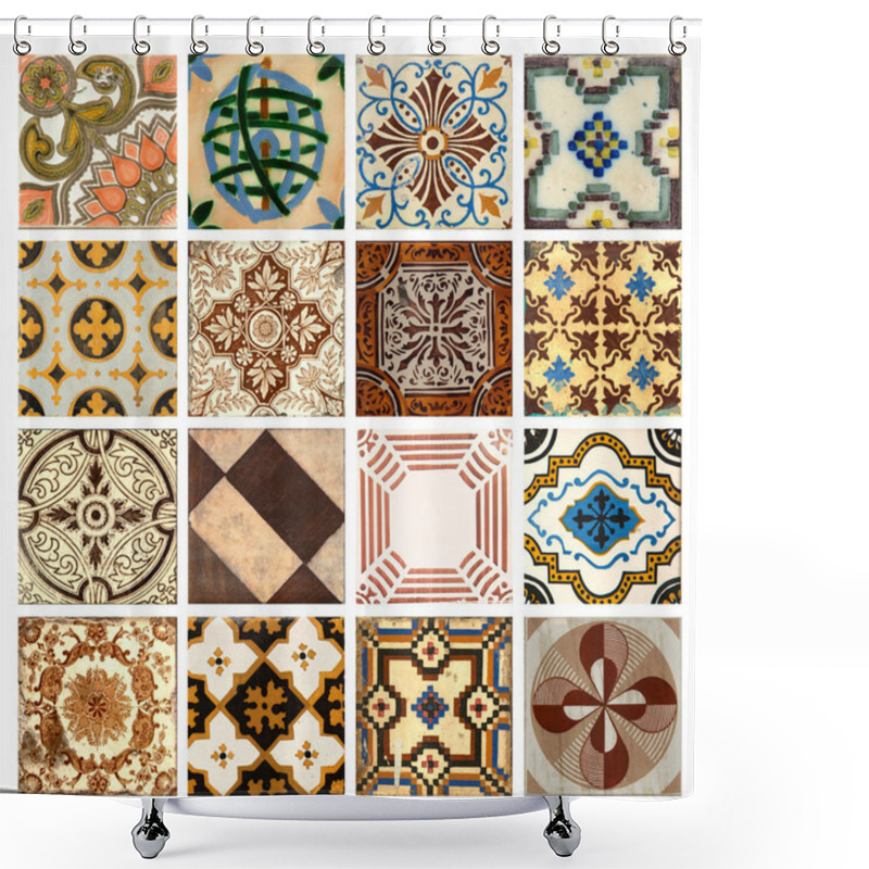 Personality  Photograph Of 16 Traditional Portuguese Tiles In Different Colours And Patterns Shower Curtains