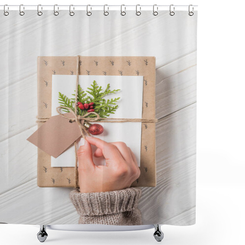 Personality  Partial View Of Woman Decorating Christmas Gift Box At Wooden Table  Shower Curtains