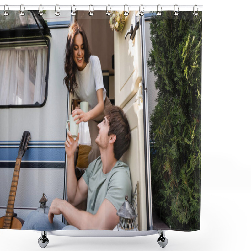 Personality  Cheerful Young Woman Holding Cups Near Boyfriend And Acoustic Guitar In Camper Van  Shower Curtains