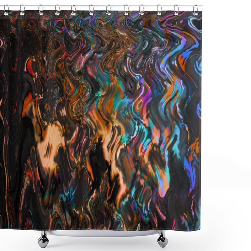 Personality  Colourful Liquid Dark Background In Golden Purple Blue Colours. Abstract Geometric Background. Vibrant Swirls. Fluid Marble Texture. Digital Art. Shower Curtains