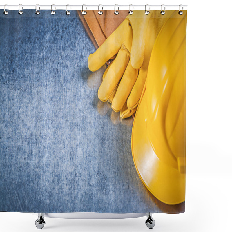 Personality  Leather Safety Gloves Toolbelt Hard Hat On Metallic Background C Shower Curtains