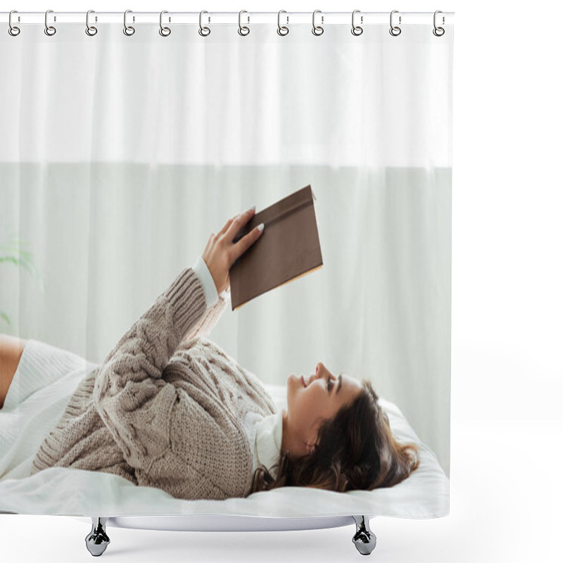 Personality  Panoramic Shot Of Attractive Woman In Grey Sweater Reading Book At Morning  Shower Curtains