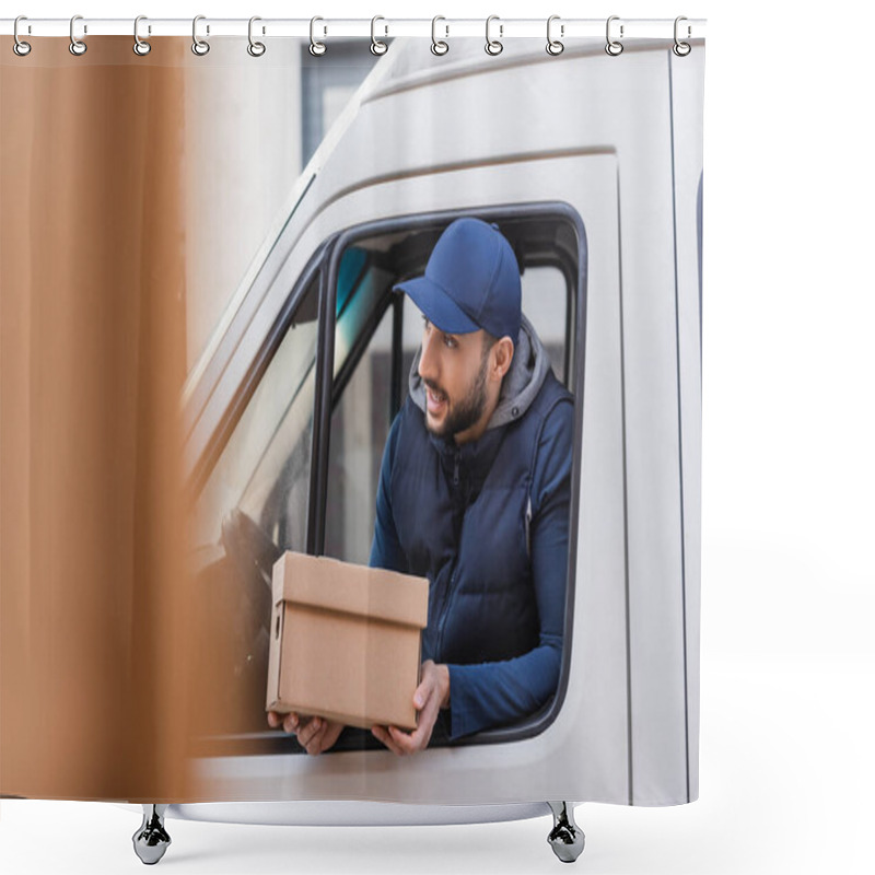 Personality  Muslim Delivery Man With Carton Box Looking Out Car Window On Blurred Foreground Shower Curtains