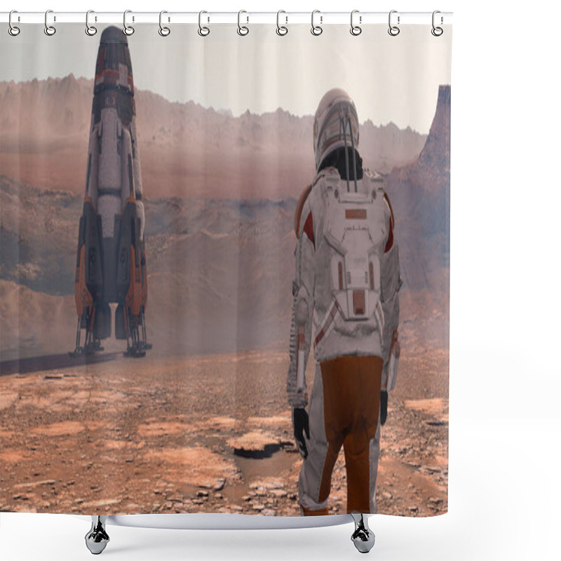 Personality  Astronaut Wearing Space Suit Walking On The Surface Of Mars. Exploring Mission To Mars. Futuristic Colonization And Space Exploration Concept. 3d Rendering Shower Curtains