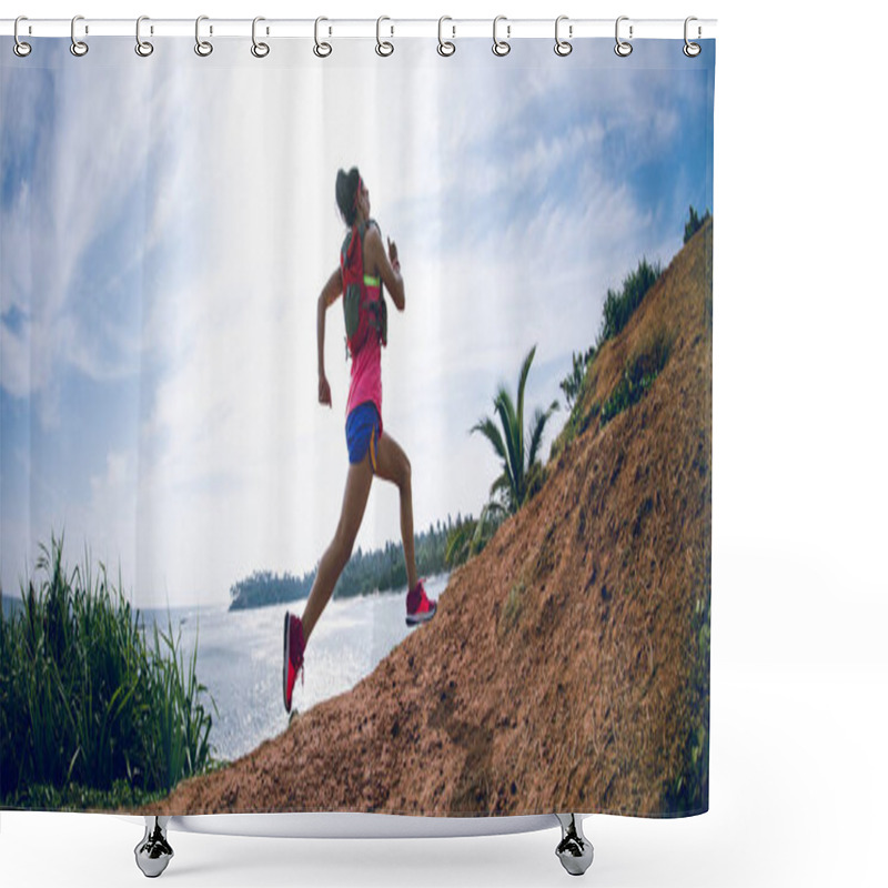 Personality  Woman Trail Runner Running On Seaside Hills Shower Curtains