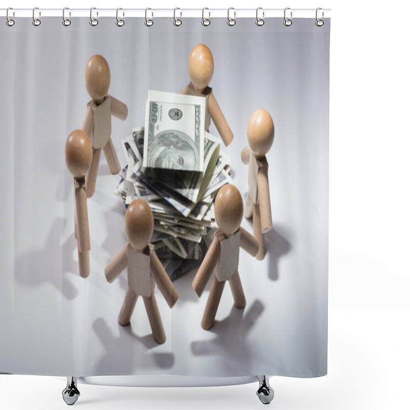 Personality  Stacked Banknotes Surrounded By Wooden Human Figures On White Background Shower Curtains