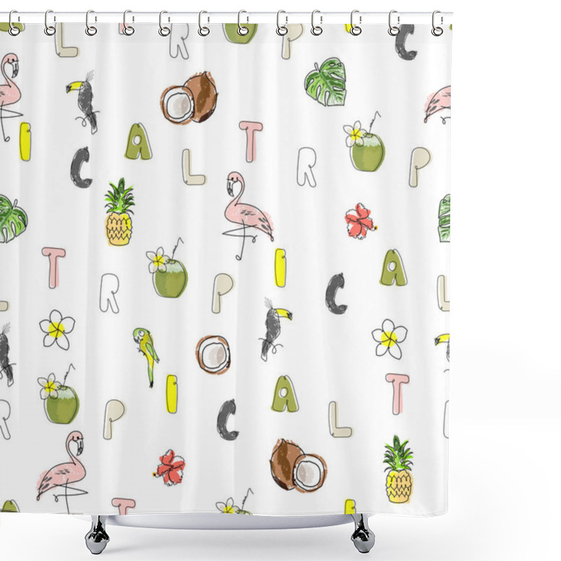 Personality  Tropical Seamless Pattern With Cute Hand Drawn Doodle Animals, Fruits, Exotic Plants And Flowers. Cartoon Summer Background Shower Curtains