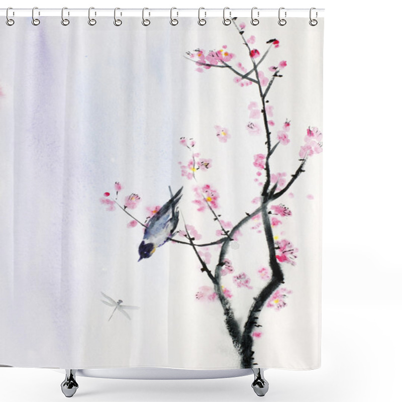 Personality  Bird On A Branch Of Sakura Shower Curtains