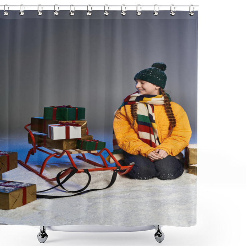 Personality  A Happy Girl In Winter Clothes Sits By A Sled Full Of Presents In The Snow. Shower Curtains