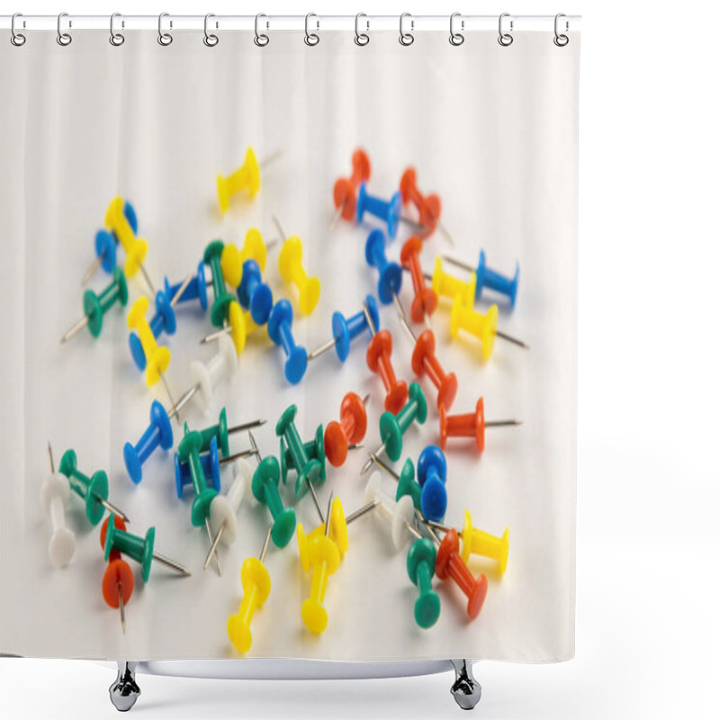 Personality  A Pile Of Colourful Pins On A White Background. A Set Of Pins Shower Curtains