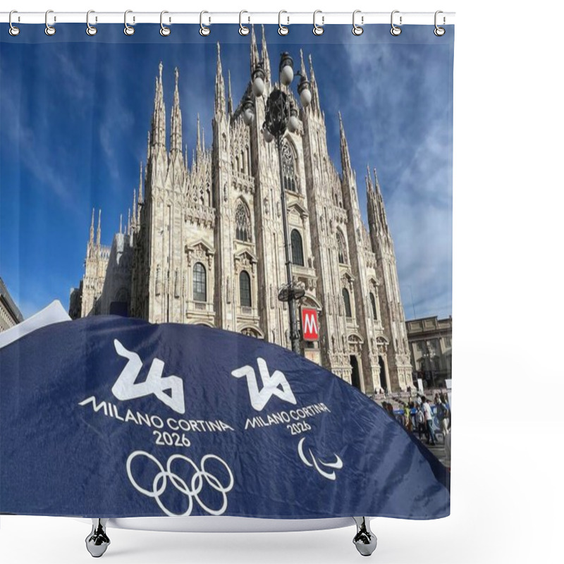 Personality  Milan, Italy - September 14, 2024: Official Logo Olympic Games In Milan And Cortina 2026 On Background Of Cathedral Duomo  Shower Curtains