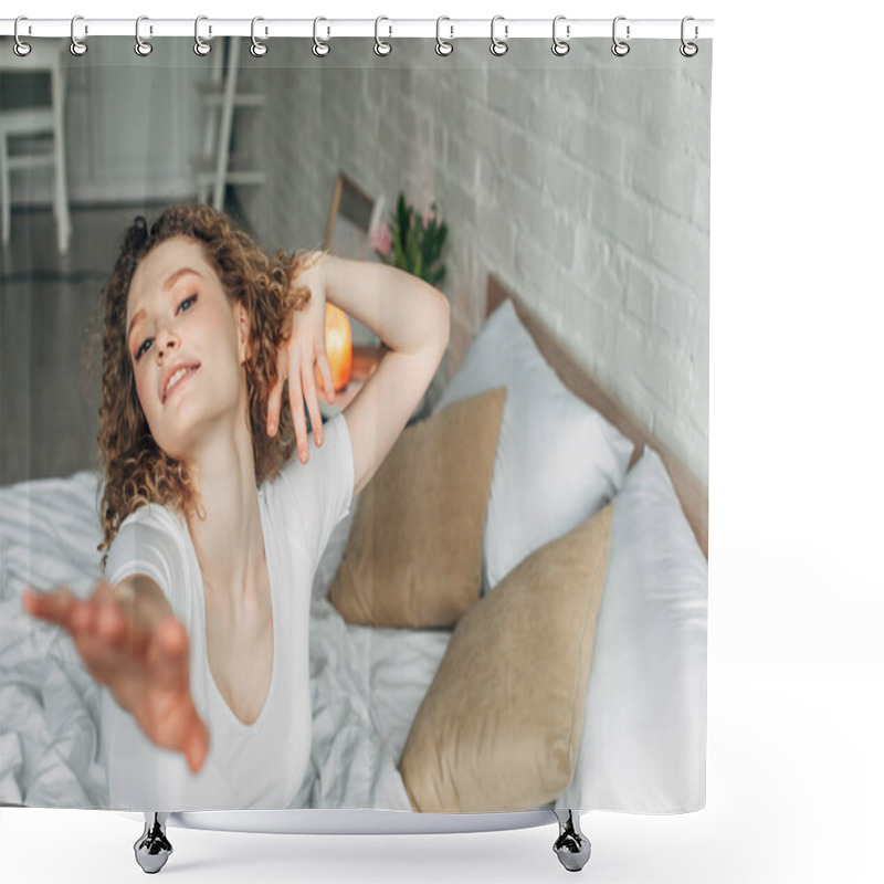 Personality  Happy Girl In Cozy Bedroom With Himalayan Salt Lamp, Selective Focus Shower Curtains