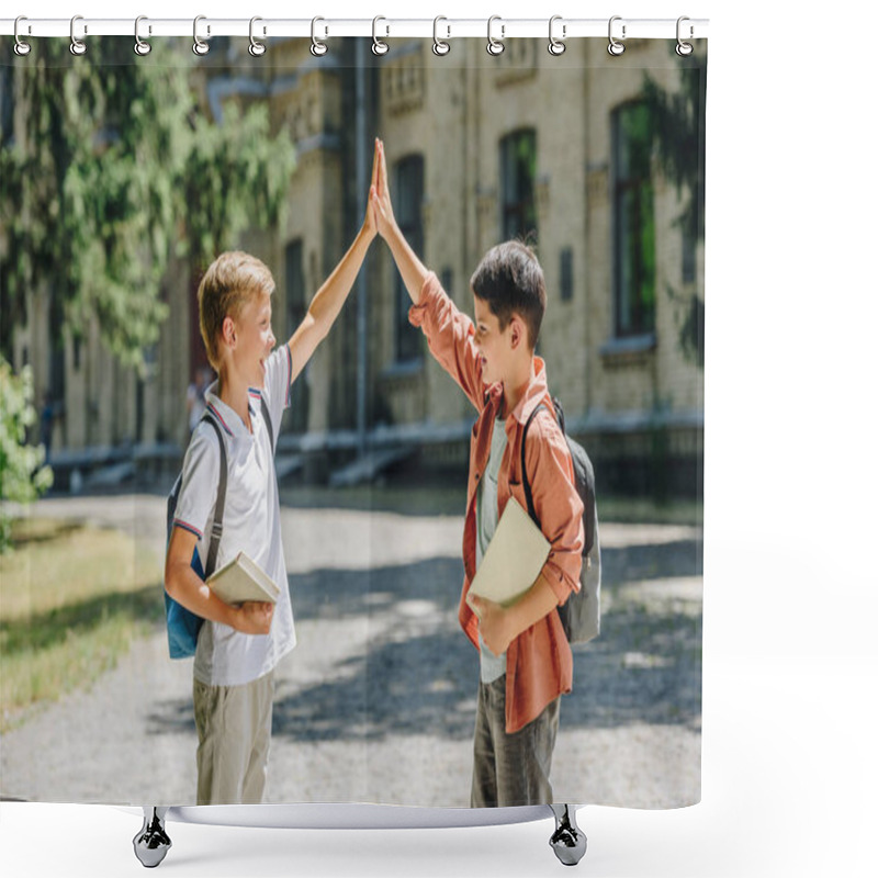 Personality  Two Cheerful Schoolboys Giving High Five While Standing In Schoolyard Shower Curtains