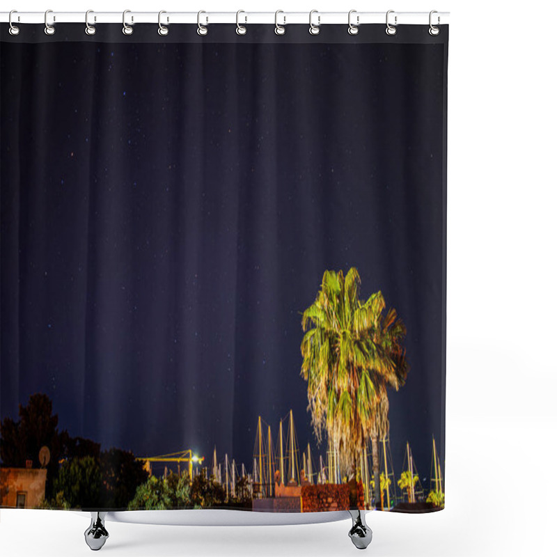 Personality  Bask In The Celestial Magic Of A Palm-fringed Bay Under A Starry Night Sky. The Tranquil Fusion Of Cosmic Allure And Coastal Serenity Creates A Dreamy Tropical Symphony. Shower Curtains