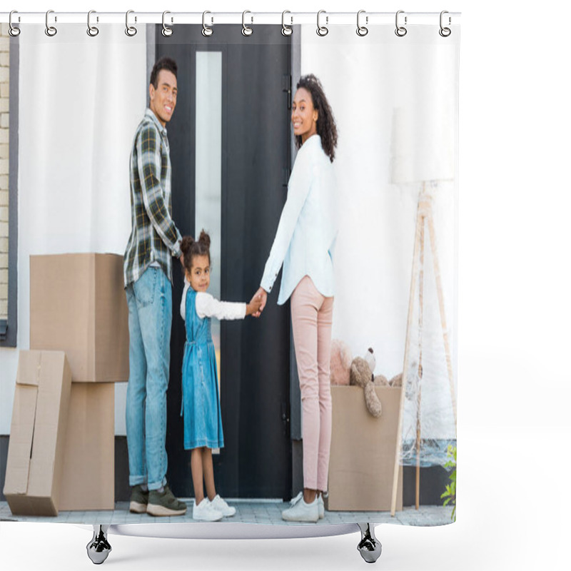 Personality  Full Length View Of African American Family Looking At Camera While Standing In Front Of Door Of New House  Shower Curtains