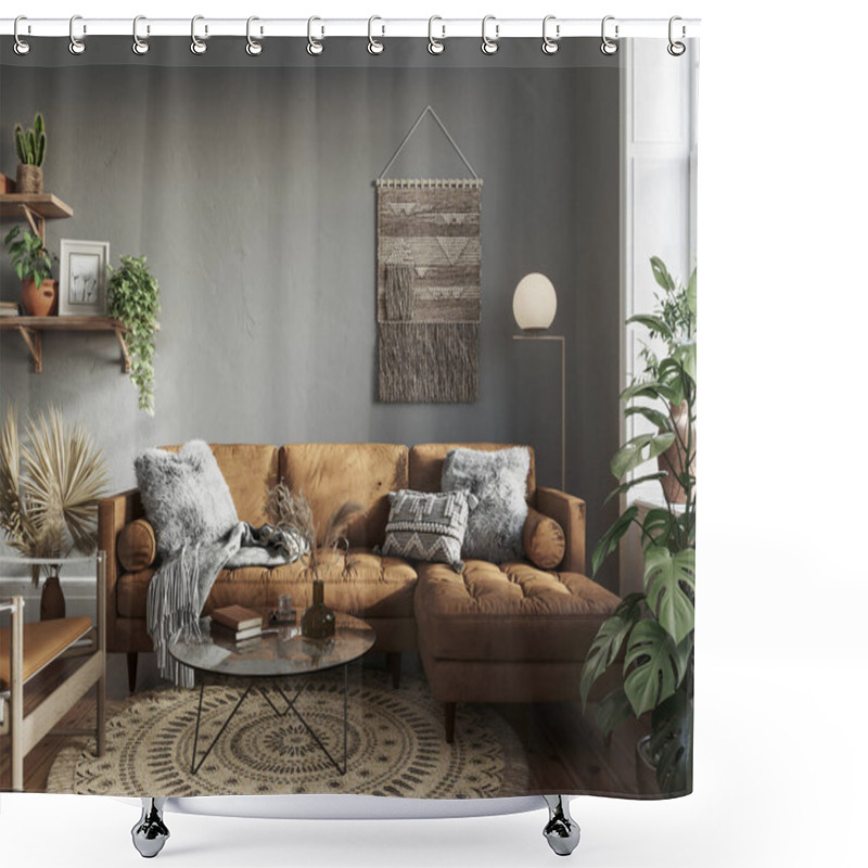 Personality  Dark Scandinavian Interior Of The Living Room With Gray Walls, Cozy Furniture, Leather Sofa, Armchair, Hardwood Flooring. Mockup Concept, 3d Rendering Shower Curtains