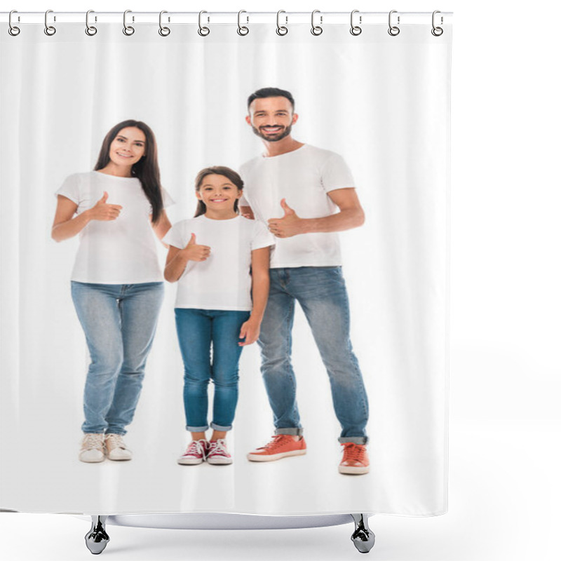 Personality  Happy Family Smiling While Showing Thumbs Up Isolated On White  Shower Curtains