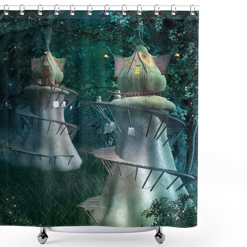 Personality  Elves Fantasy Town In The Dark And Fabulous Forest - 3D Illustration Shower Curtains