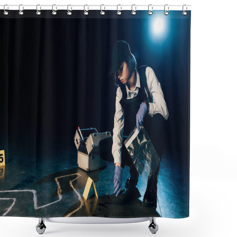 Personality  Investigator Holding Knife And Ziploc Bag At Crime Scene Shower Curtains