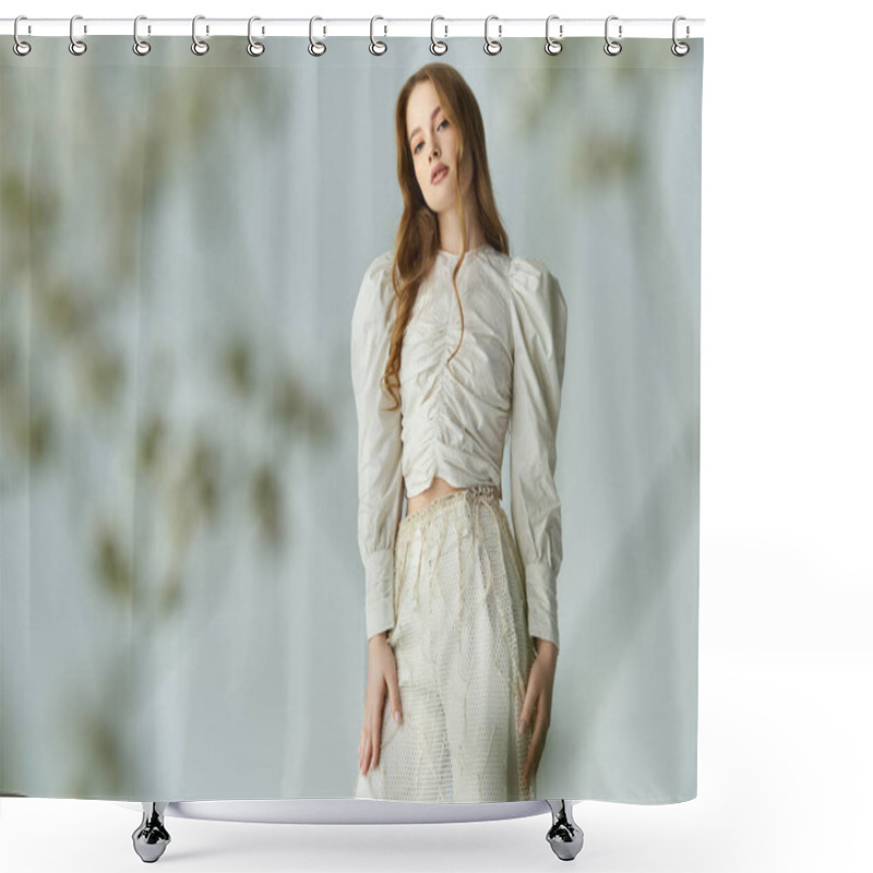 Personality  A Beautiful Young Woman Stands Gracefully With Flowers Adorning Her Hair. Shower Curtains