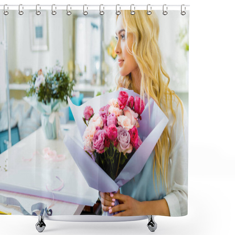 Personality  Beautiful Female Florist Holding Bouquet With Roses And Carnations In Flower Shop And Looking Away Shower Curtains