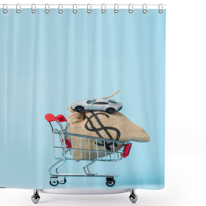 Personality  Small Shopping Trolley With Dollar Bag And Toy Car On Blue, Leasing Concept Shower Curtains