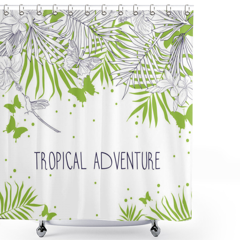 Personality  Banner With Place For Text And Tropical Flowers, Palm Leaves And Butterflies Shower Curtains