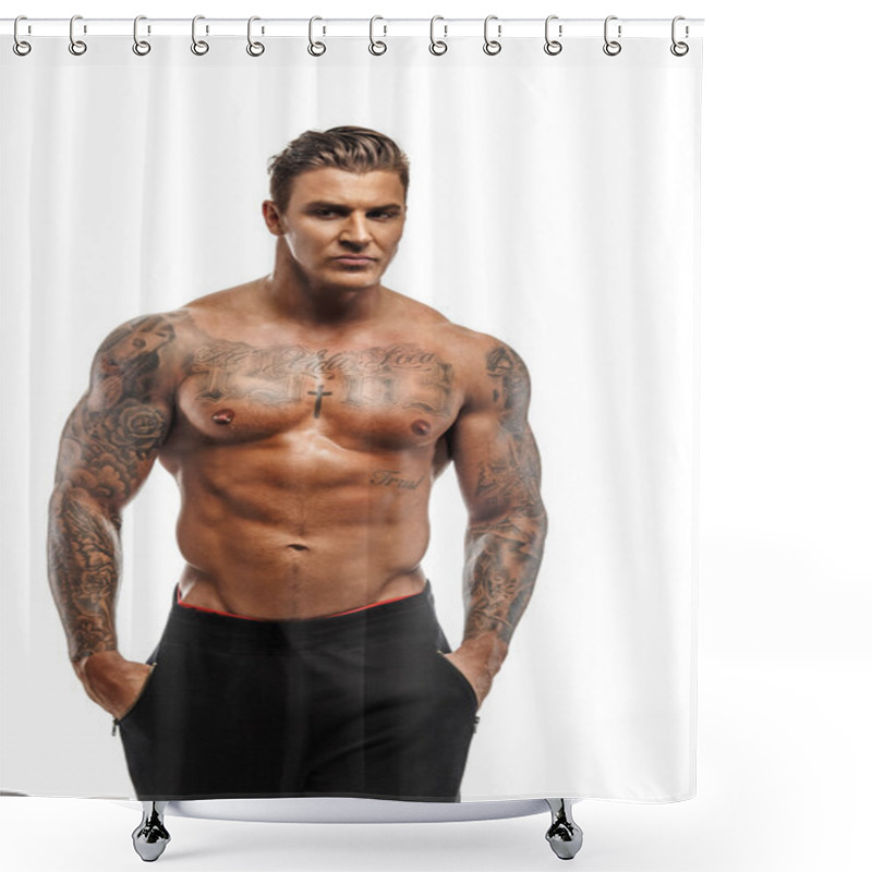 Personality  Muscular Macho Man Posing In Studio Shower Curtains