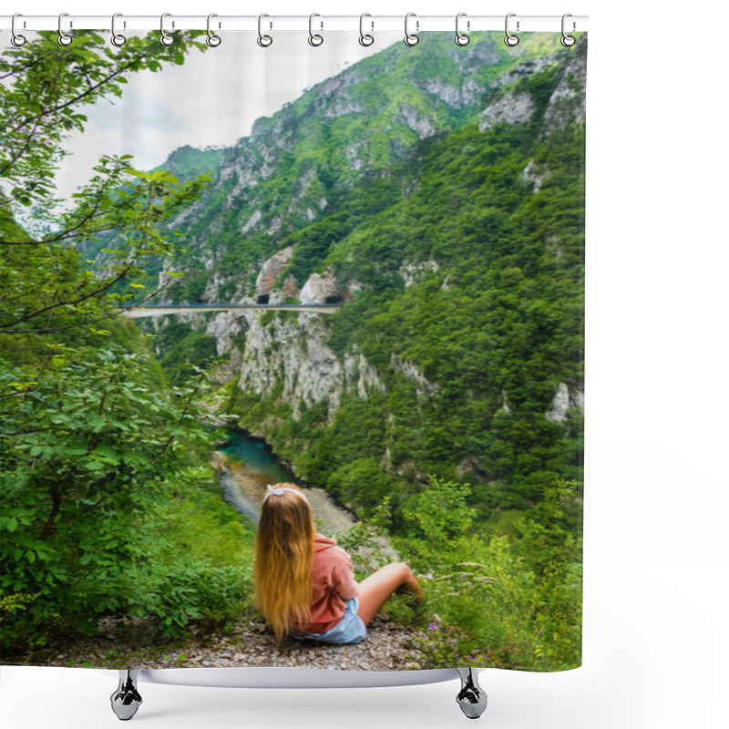 Personality  Back View Of Woman Looking At Bridge Between Mountains Above Piva River In Piva Canyon In Montenegro Shower Curtains