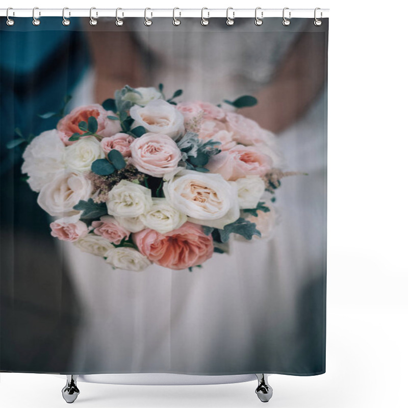 Personality  Bridal Bouquet In The Hands Of The Bride. Shower Curtains