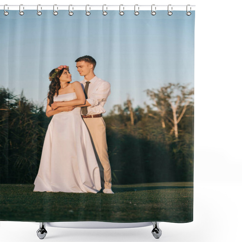 Personality  Beautiful Happy Young Wedding Couple Embracing And Smiling Each Other In Park  Shower Curtains