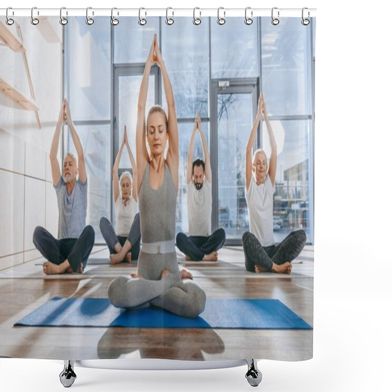 Personality  Group Of Senior People Practicing Yoga With Instructor In Lotus Pose On Mats In Studio Shower Curtains