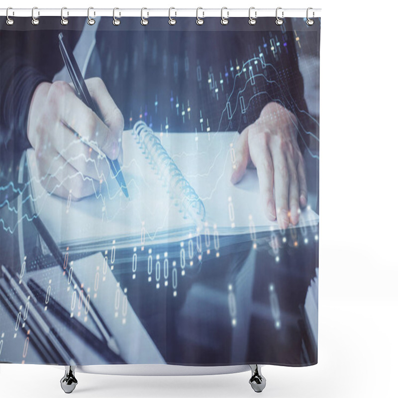 Personality  Forex Chart Hologram On Hand Taking Notes Background. Concept Of Analysis. Multi Exposure Shower Curtains