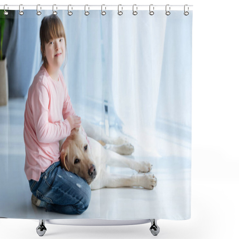 Personality  Kid With Down Syndrome Stroking Labrador Retriever Dog And Looking At Camera Shower Curtains