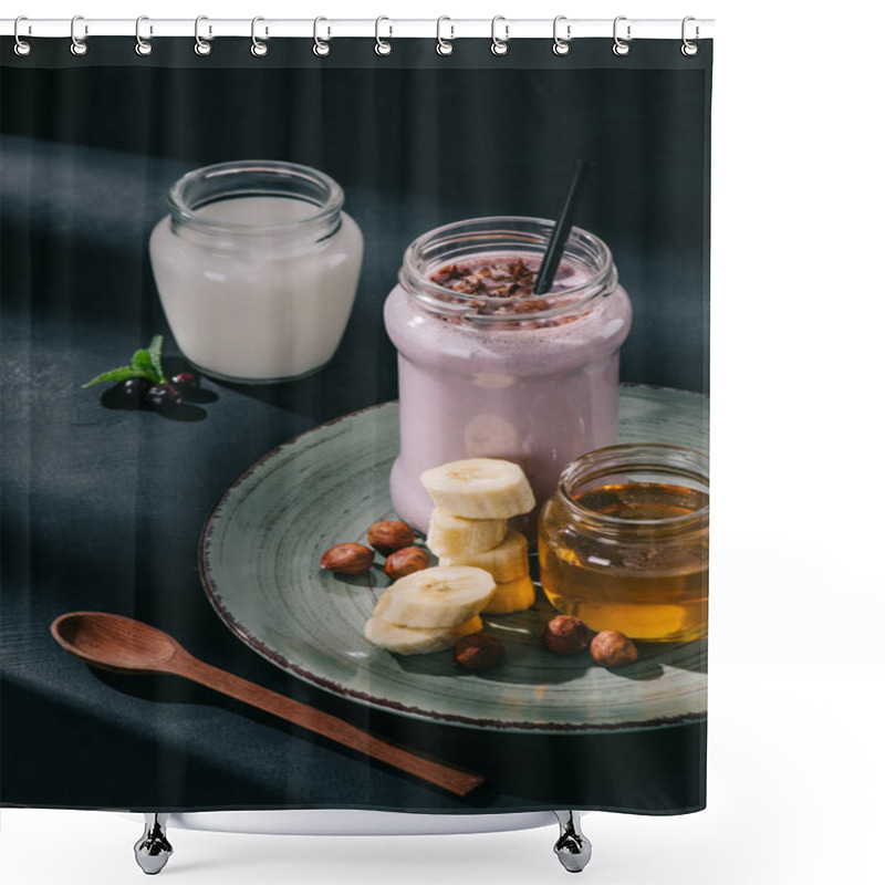 Personality  Closeup Image Of Berry Smoothie, Jam, Banana Slices And Walnuts On Plate, Spoon, Yogurt And Currants  Shower Curtains