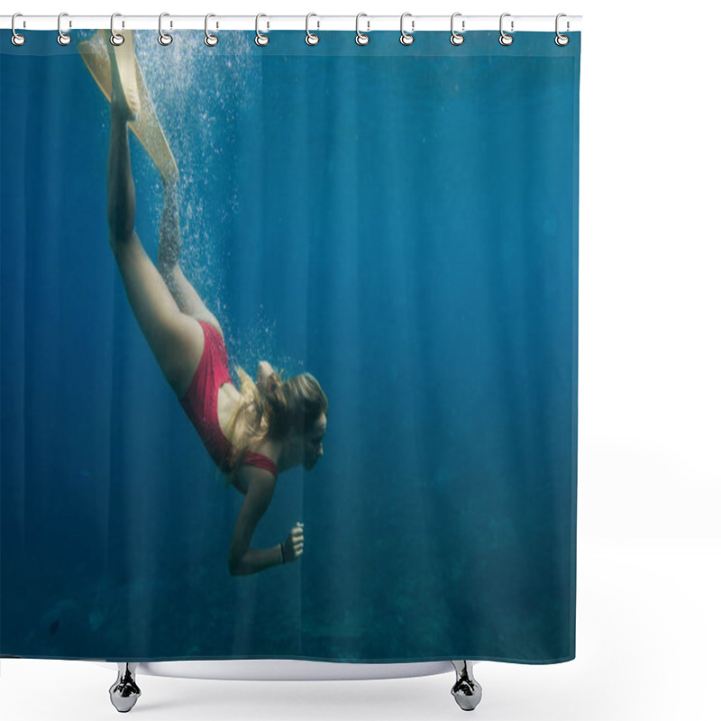 Personality  Underwater Photo Of Young Woman In Swimming Suit And Fins Diving In Ocean Alone Shower Curtains