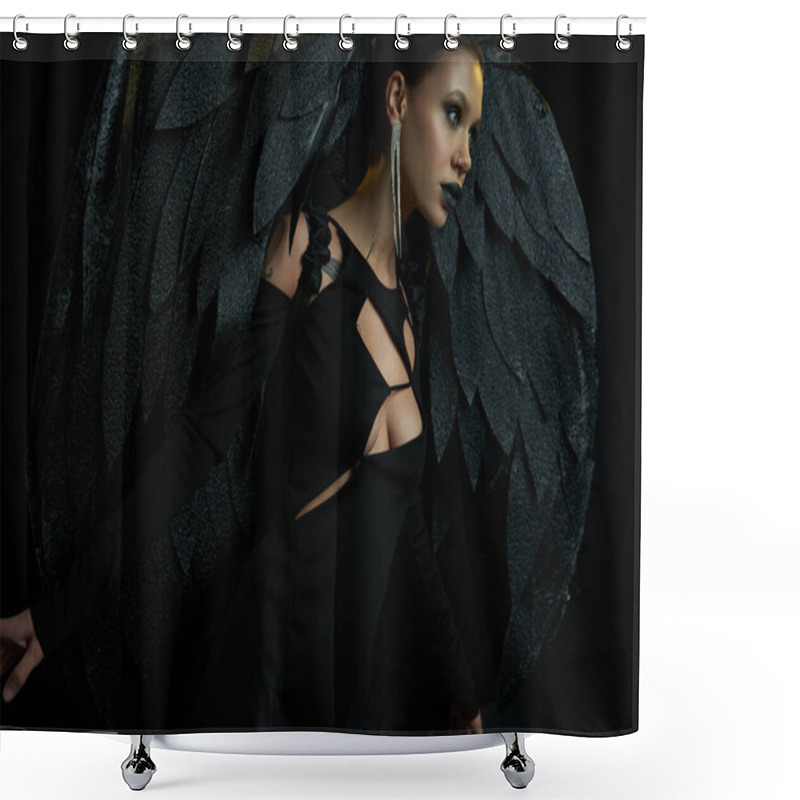 Personality  Enchanting Woman In Halloween Costume Of Dark Angel With Wings Looking Away On Black Backdrop Shower Curtains