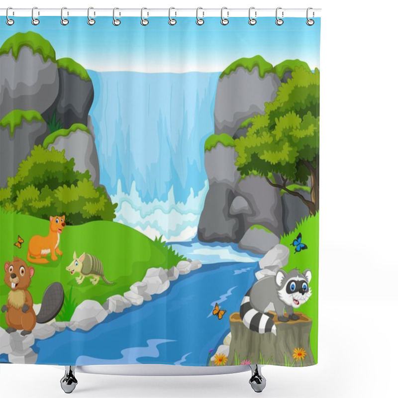 Personality  Funny Animals With Waterfall Landscape Background Shower Curtains