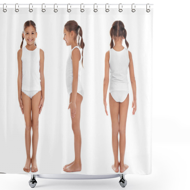 Personality  Cute Little Girl In Underwear On White Background Shower Curtains