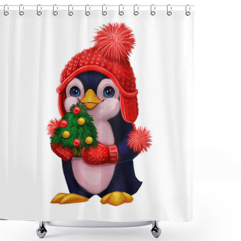 Personality  Season's Greetings With Little Penguin In Funny Hat Holding Christmas Tree - Happy Holidays And New Year With Hand-Drawn Character Shower Curtains