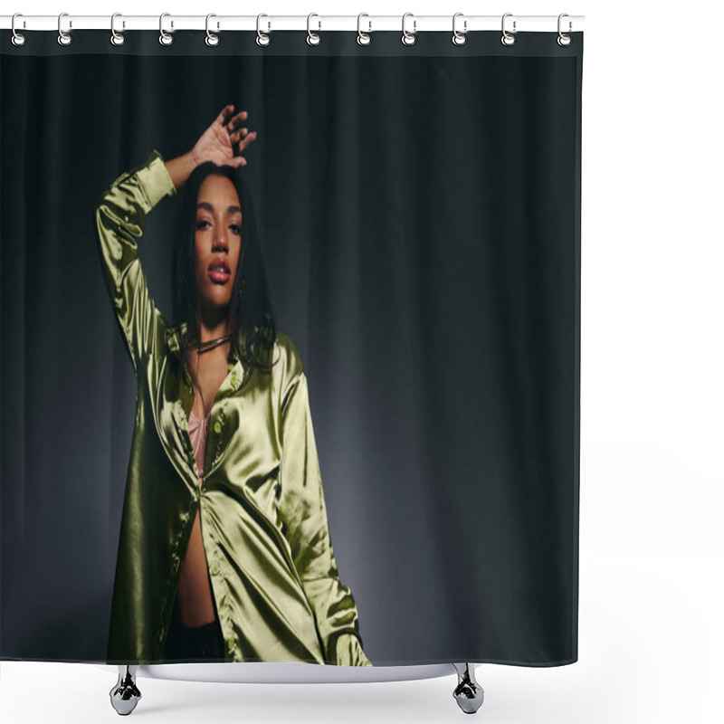 Personality  A Stylish Young Woman Showcases Her Beauty In A Green Silk Shirt Against A Dark Backdrop. Shower Curtains