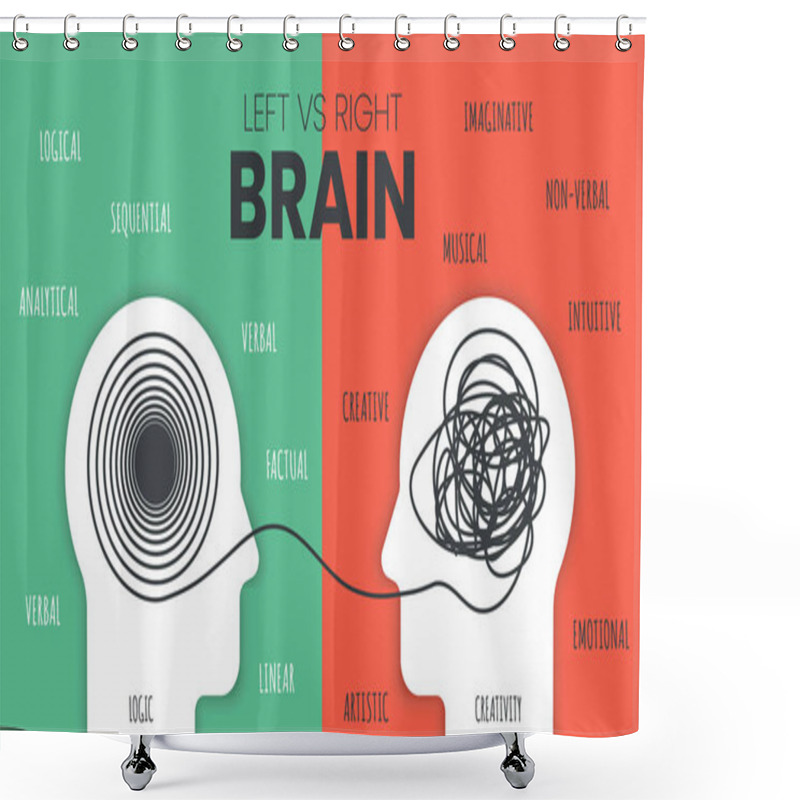 Personality  Left Brain Vs. Right Brain Dominance Infographic Template. How The Human Brain Works Theory. Creative People Right-brained And Analytical Thinkers Left-brained Concept. Visual Slide For Presentation Vector. Education And Science Illustrator. Shower Curtains