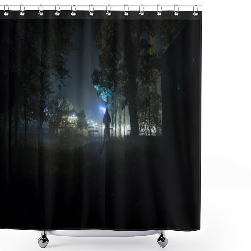 Personality  Silhouette Of Person Standing In The Dark Forest With Light. Horror Halloween Concept. Strange Silhouette In A Dark Spooky Forest At Night Shower Curtains