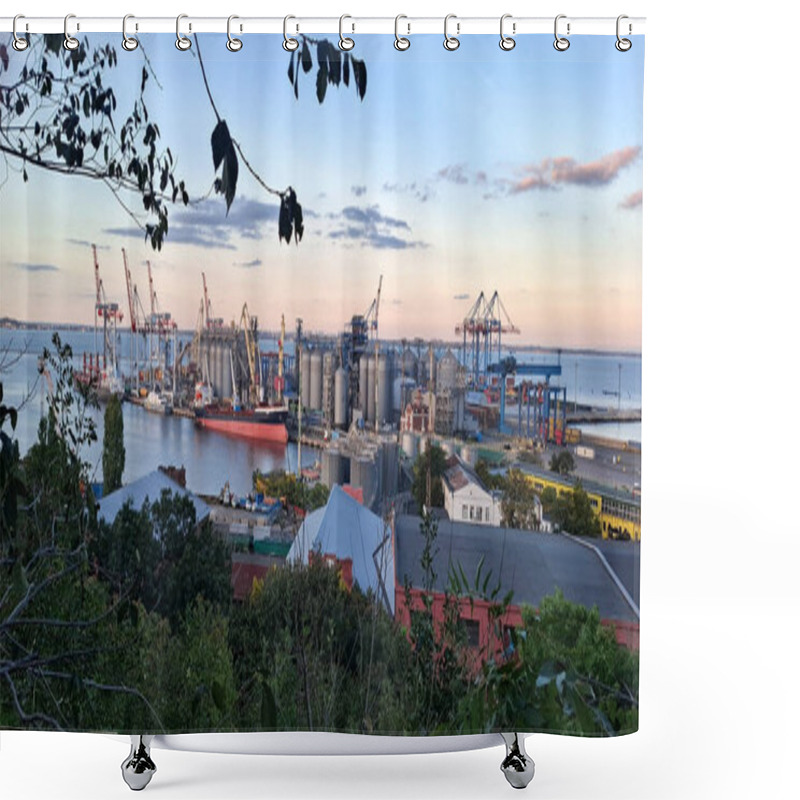 Personality  View Of The Odessa Port Terminal.Port Harbour Infrastructure, Many Cranes, Grain Elevator And A Berth For Ships In Odessa. Shower Curtains